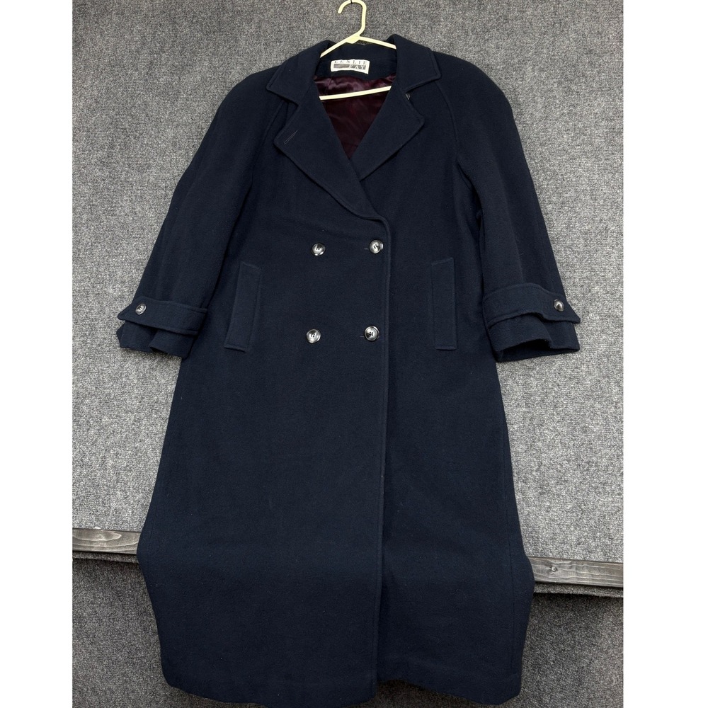 Leslie Fay Trench Coat Womens 12 Navy Blue Wool Blend Double Breasted Longline
